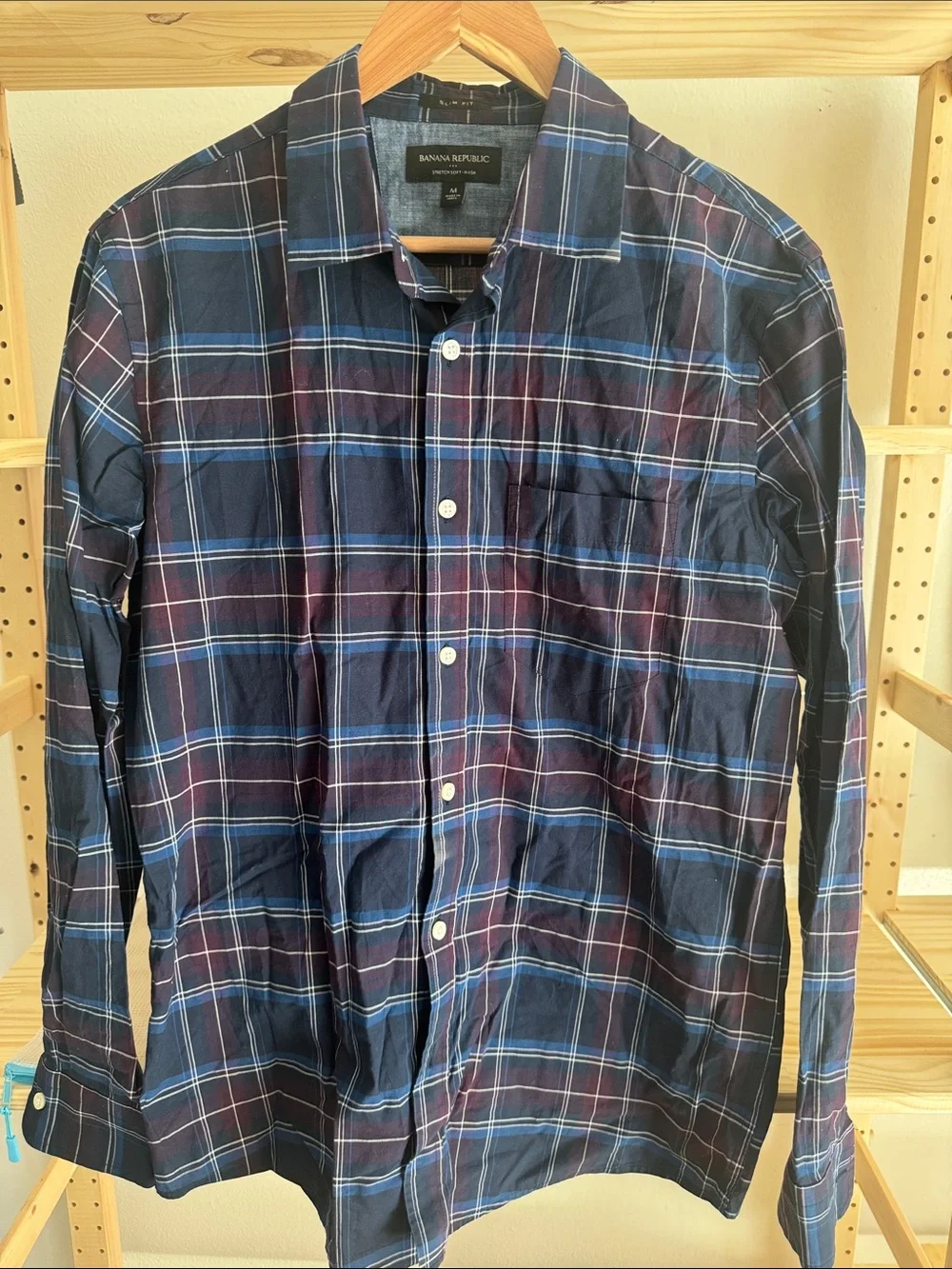 Banana Republic Navy, Blue and Maroon Plaid Button-Down Shirt